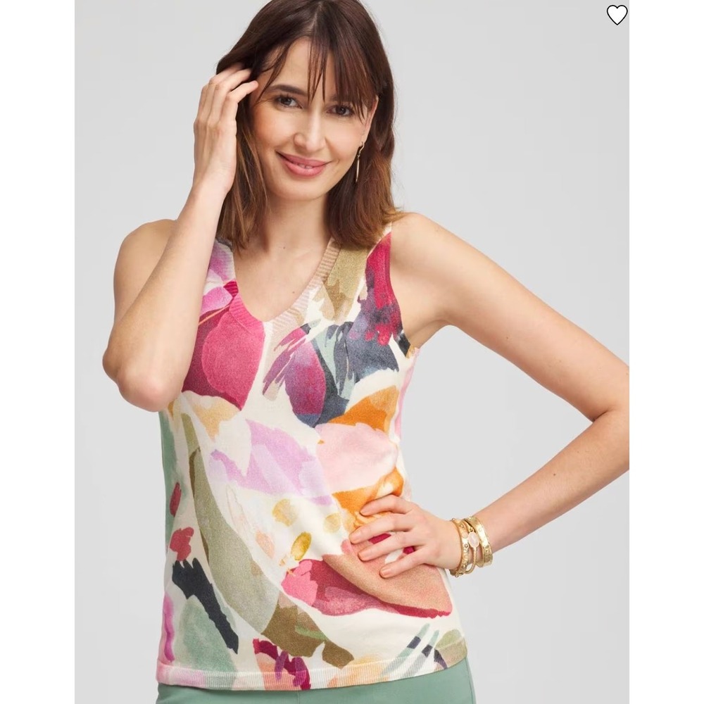 Chico's Floral Sleeveless V-Neck Sweater‎ Tank Alabaster Size 4 XXL